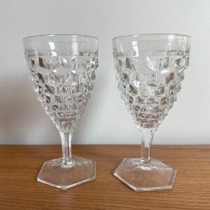 Pair‎ (2) Vintage Fostoria American Water Goblets Clear Diamond Cut Stemware